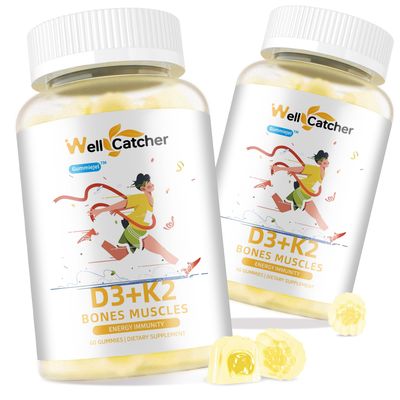 Wellcatcher Vitamin D3 K2 Gummies - Vitamin D3 5000IU K2 (MK-7) 120mcg Supplements with Vitamin B Complex Sugar Free for Adults Kids Supports Bone Teeth Strength Immune Mango Flavor 60 Counts 2 Packs