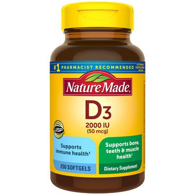 Nature Made Vitamin D3 2000 IU (50 mcg), Dietary Supplement for Bone, Teeth, Muscle and Immune Health Support, 250 Softgels, 250 Day Supply