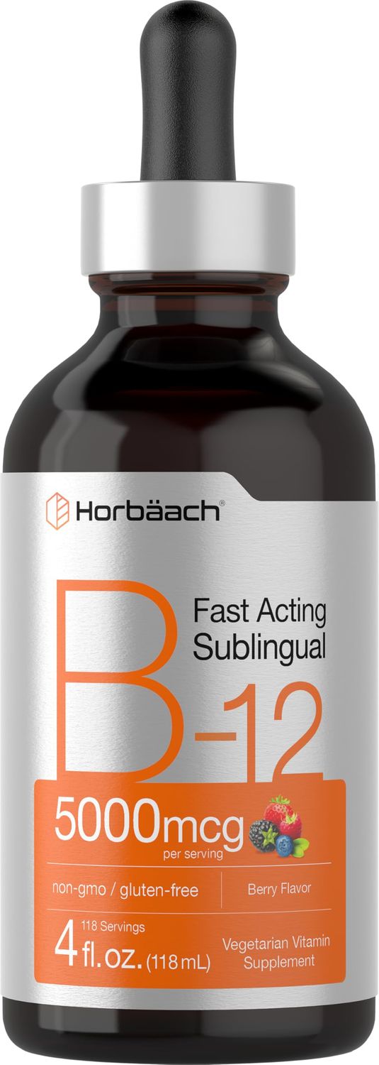 Horbaach B-12 | 5000mcg | 4oz | Berry Flavor Fast-Acting Sublingual Liquid Vitamin B12 | Vegetarian, Non-GMO &amp; Gluten Free Formula