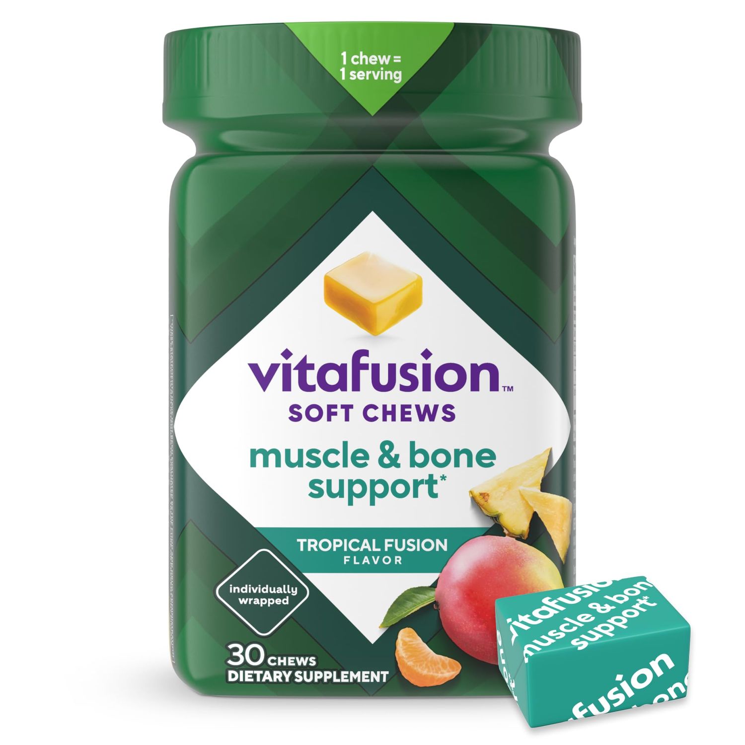Vitafusion Soft Chews Muscle &amp; Bone Support (1), Adult Chewable Vitamin D for Bone &amp; Muscle Support, Individually Wrapped, Tropical Fusion Flavor, 30 Chews, 30 Day Supply