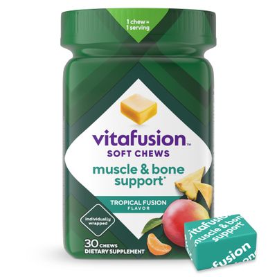 Vitafusion Soft Chews Muscle &amp; Bone Support (1), Adult Chewable Vitamin D for Bone &amp; Muscle Support, Individually Wrapped, Tropical Fusion Flavor, 30 Chews, 30 Day Supply