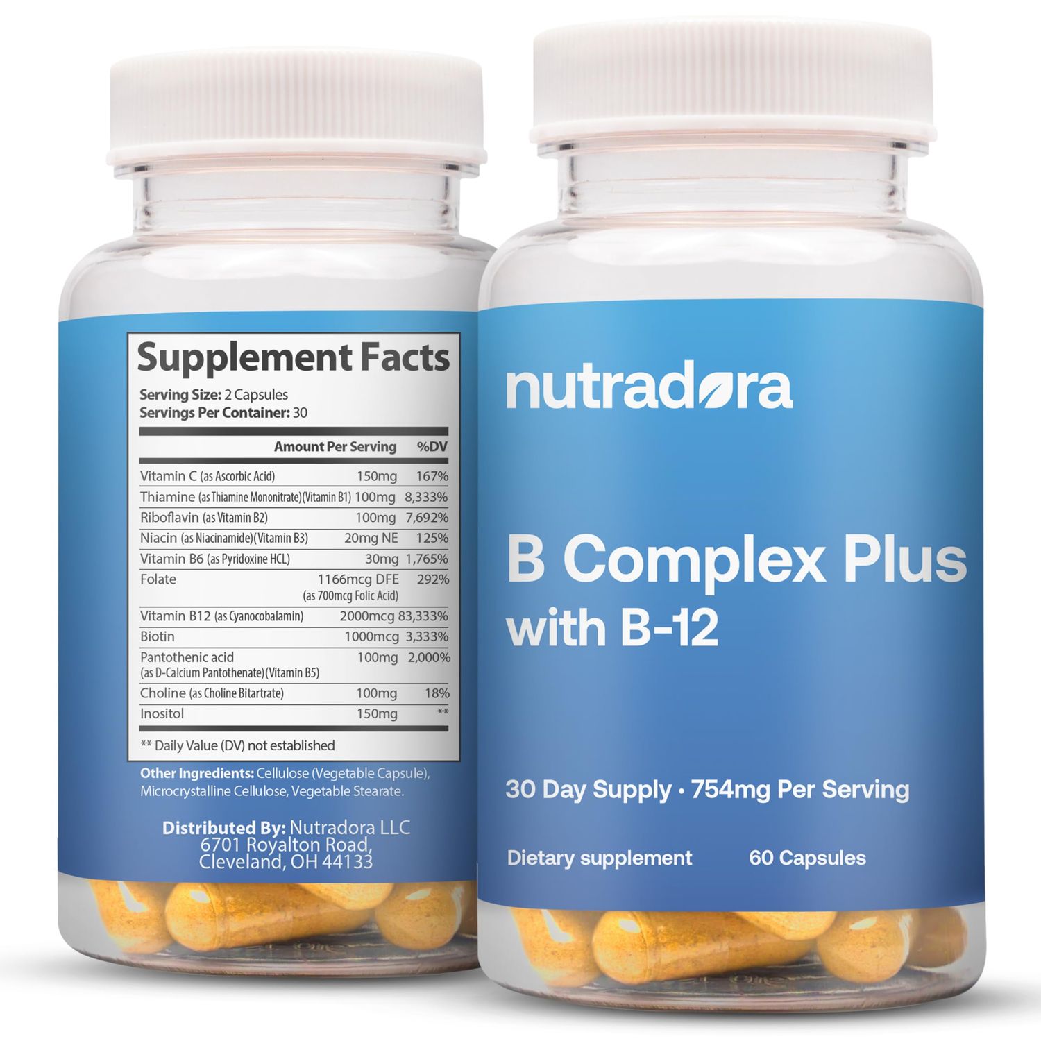 Nutradora Vitamin B Complex with Vitamin C - B Complex Vitamins for Men and Women, 11-in-1 B-Complex for Brain &amp; Energy Support, Immune &amp; Nervous System Support - Non-GMO, 60 Vegetarian Capsules