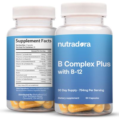 Nutradora Vitamin B Complex with Vitamin C - B Complex Vitamins for Men and Women, 11-in-1 B-Complex for Brain &amp; Energy Support, Immune &amp; Nervous System Support - Non-GMO, 60 Vegetarian Capsules