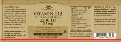 SOLGAR Vitamin D3 (Cholecalciferol) 55 mcg (2200 IU) - 50 Vegetable Capsules - Non-GMO, Gluten Free, Dairy Free, Kosher - 50 Servings