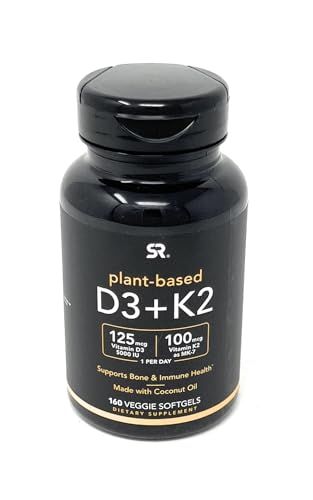 Sports Research Vitamin D3 K2 with 5000iu of Plant-Based D3 &amp; 100mcg of Vitamin K2 as MK-7, Non-GMO Verified &amp; Vegan Certified - 160 Liquid Softgels