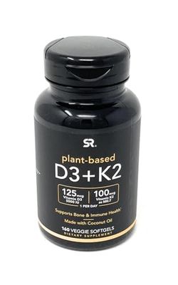 Sports Research Vitamin D3 K2 with 5000iu of Plant-Based D3 &amp; 100mcg of Vitamin K2 as MK-7, Non-GMO Verified &amp; Vegan Certified - 160 Liquid Softgels