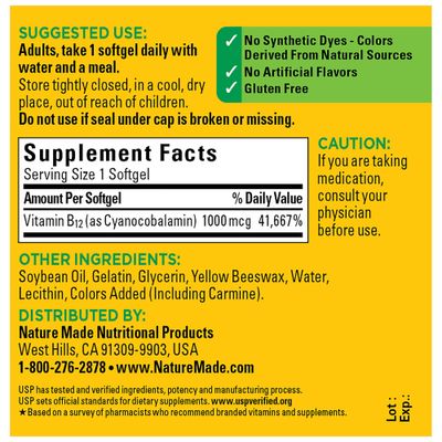 Nature Made Vitamin B12 1000 mcg, Dietary Supplement for Energy Metabolism Support- 90 Softgels.,