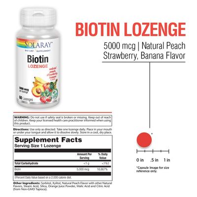 Solaray Biotin 5000 mcg | Natural Peach, Strawberry, Banana Flavor | Healthy Hair, Skin &amp; Nails Support | 60 Lozenges
