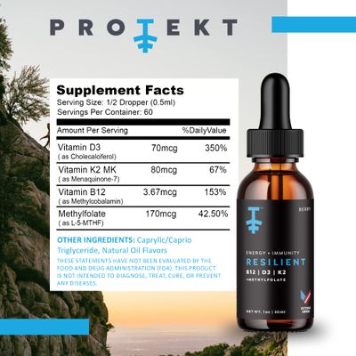 Protekt Resilient Vitamin D3 K2 B12 Drops - Liquid B12 K2 D3 Vitamin Supplement with Methylfolate, B12 Liquid Vitamin K2 D3 for Energy & Recovery, Methy Folate for Sleep & Mood - Natural Berry 30mL