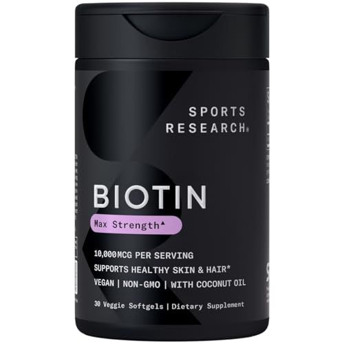 Sports Research Vegan Biotin 10,000mcg with Organic Coconut Oil - Max Strength Biotin Vitamin B7 for Healthier Hair &amp; Skin and Keratin Support - Non-GMO &amp; Gluten Free, 30 Softgels
