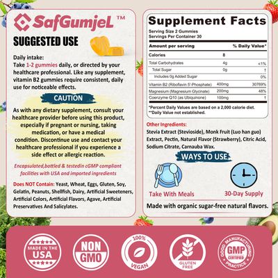 Bioactive Form Vitamin B2 Riboflavin 400mg Gummies,Riboflavin-5-Phosphate,Energy,Skin&Cellular Health Supplement,Nervous System Support,Sugar Free B2 Vitamin 400mg with Magnesium,CoQ10,Vegan
