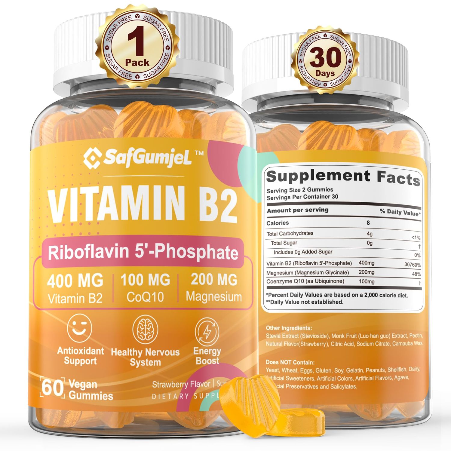 Bioactive Form Vitamin B2 Riboflavin 400mg Gummies,Riboflavin-5-Phosphate,Energy,Skin&amp;Cellular Health Supplement,Nervous System Support,Sugar Free B2 Vitamin 400mg with Magnesium,CoQ10,Vegan