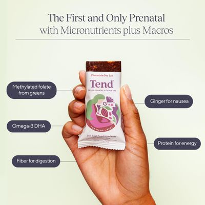 Tend Daily Best Prenatal Vitamin Bar, Made with Organic Ingredients for Pregnant &amp; Postpartum Mothers, Includes DHA, Vitamin D, B, Choline, Folate, Sunflower Lecithin, Lemon Berry Flavor (4ct)