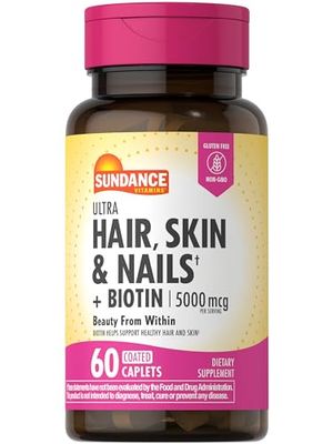 Sundance Hair, Skin, &amp; Nails Complex with Biotin Supplement | 5000mcg | 60 Coated Caplets | Non-GMO and Gluten Free