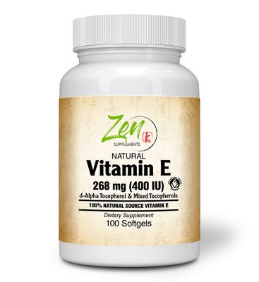 Zen Supplements Natural Vitamin E - 400IU Vitamin E Capsules with 100% Natural Mixed Tocopherols - Non-GMO E Vitamin - 100 Softgels