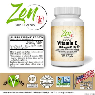 Zen Supplements Natural Vitamin E - 400IU Vitamin E Capsules with 100% Natural Mixed Tocopherols - Non-GMO E Vitamin - 100 Softgels