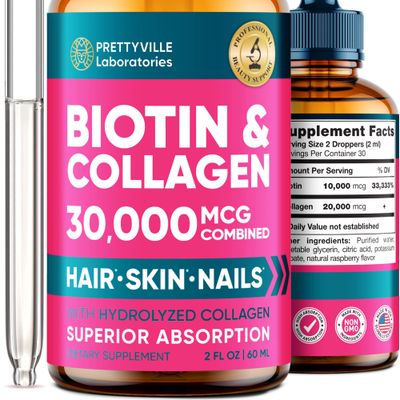 Liquid Collagen &amp; Biotin for Women - 30000mcg Hair Growth Complex - Made in USA - Hydrolyzed Collagen &amp; Biotin Oil for Hair Growth, Healthy Skin &amp; Nails - Vegan Collagen &amp; Biotin Source - 2 fl oz