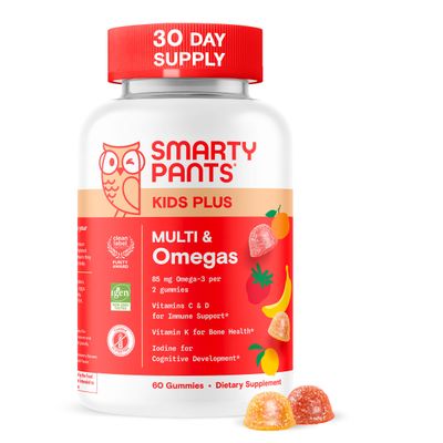 SmartyPants Kids Multivitamin Gummies - Improved Formula: Omega 3 (DHA/EPA), Vitamins D3, C, B12, B6, Vitamin A, K &amp; Zinc, Gluten Free, Three Fruit Flavors, 60 Count (30 Day Supply)