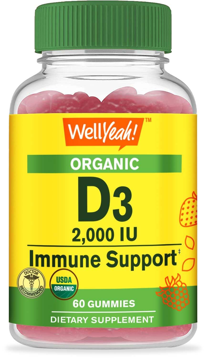 WellYeah Organic Vitamin D3 2,000 IU (50 mcg) Gummies - Supports Bone, Muscle Strength and Immunity - Non-GMO, Gluten Free - USDA Organic - Natural Flavors - 60 Gummies