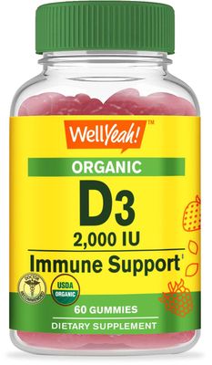WellYeah Organic Vitamin D3 2,000 IU (50 mcg) Gummies - Supports Bone, Muscle Strength and Immunity - Non-GMO, Gluten Free - USDA Organic - Natural Flavors - 60 Gummies