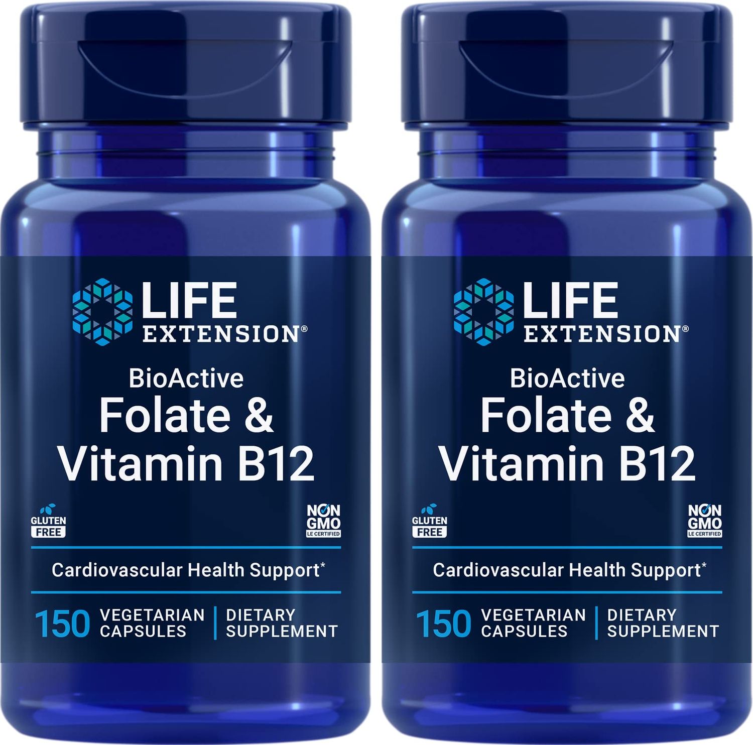 Life Extension BioActive Folate &amp; Vitamin B12, 150 Vegetarian Capsules (Pack of 2), Non GMO, Gluten Free