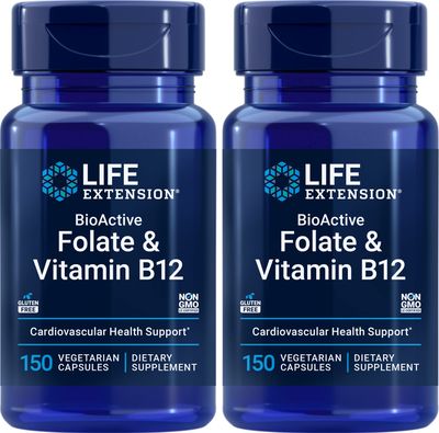 Life Extension BioActive Folate &amp; Vitamin B12, 150 Vegetarian Capsules (Pack of 2), Non GMO, Gluten Free