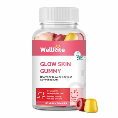 Wellrite Glow Skin Gummy Vitamins, 60 Count, Apple Flavored, Vegan, Gelatin Free, Gluten Free, Nut Free, Glowing &amp; Hydrated Skin, Reduced Eczema, Reduced Wrinkles