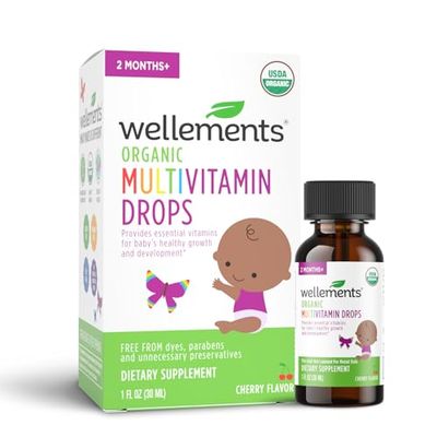 Wellements Organic Baby Multivitamin Drops | Liquid Multivitamin for Infants &amp; Toddlers 2 Months+ | Certified Organic, No Artificial Colors or Flavors | Cherry Flavor, 1 Fl Oz. 30 Servings