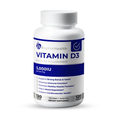 RAPHA HEALTH - Vitamin D3 High Potency | 5000 IU for Immune, Bone, and Cardiovascular Support | Enhances Mood and Muscle Function | 120 Softgels - 4 Month Supply