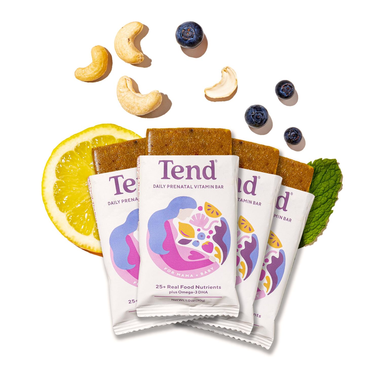 Tend Daily Best Prenatal Vitamin Bar, Made with Organic Ingredients for Pregnant &amp; Postpartum Mothers, Includes DHA, Vitamin D, B, Choline, Folate, Sunflower Lecithin, Lemon Berry Flavor (4ct)