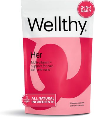 Wellthy Her Women&#39;s Daily Vegan Multivitamin for Women, Natural Ingredients for Healthy Hair, Skin, &amp; Nails with Essential Micronutrients (30 Day)