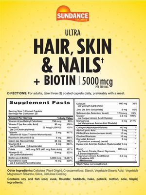 Sundance Hair, Skin, &amp; Nails Complex with Biotin Supplement | 5000mcg | 60 Coated Caplets | Non-GMO and Gluten Free