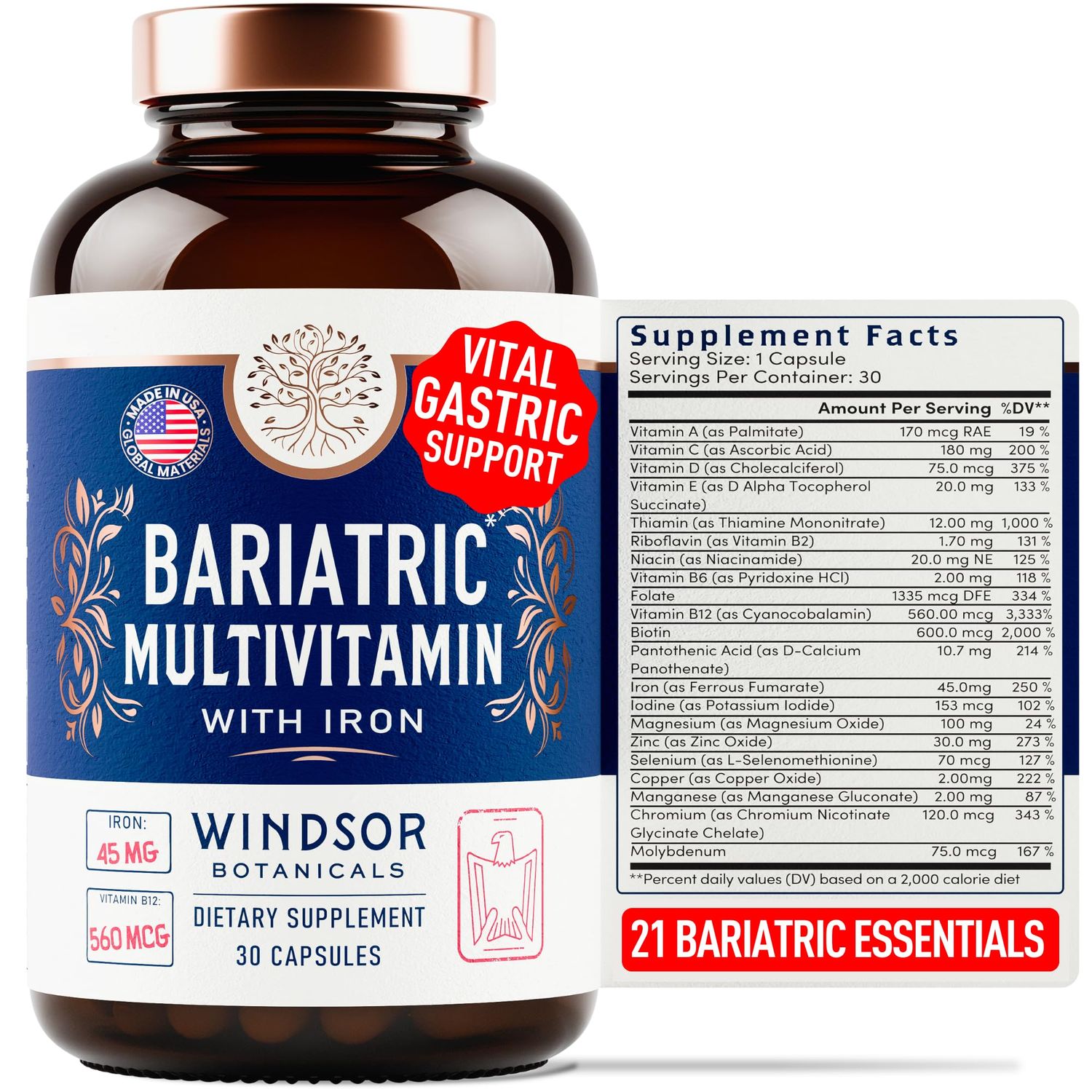 Bariatric Multivitamin with Iron - 45mg Iron Easy to Swallow, One a Day Bariatric Vitamins for Women and Men - Gastric Bypass, Gastric Sleeve Recovery - Bariatric Iron Vitamin Multivitamins - 30 Caps