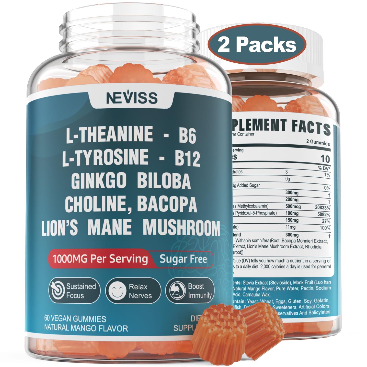 Sugar Free L-Tyrosine Gummies 300mg L-Theanine 200mg Vitamin B6 B12, Brain Health Herbs w/Lion&#39;s Mane Mushroom, Ginkgo Biloba, Bacopa Monnieri, Rhodiola Rosea,Choline for Sustained Focus,Energy 2Packs