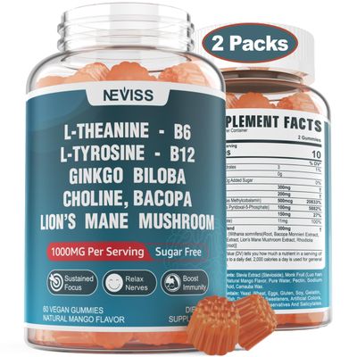 Sugar Free L-Tyrosine Gummies 300mg L-Theanine 200mg Vitamin B6 B12, Brain Health Herbs w/Lion&#39;s Mane Mushroom, Ginkgo Biloba, Bacopa Monnieri, Rhodiola Rosea,Choline for Sustained Focus,Energy 2Packs