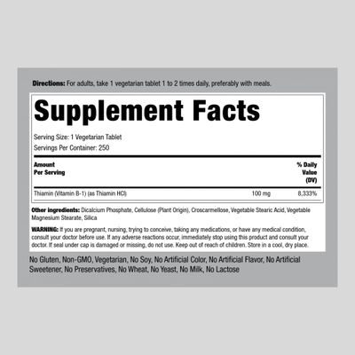 Piping Rock Vitamin B1 100mg | 250 Tablets | Thiamine Supplement | Vegetarian, Non-GMO, Gluten Free