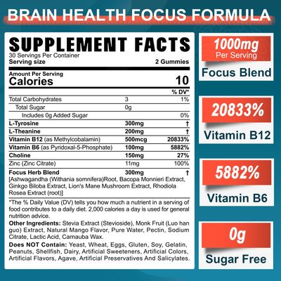Sugar Free L-Tyrosine Gummies 300mg L-Theanine 200mg Vitamin B6 B12, Brain Health Herbs w/Lion's Mane Mushroom, Ginkgo Biloba, Bacopa Monnieri, Rhodiola Rosea,Choline for Sustained Focus,Energy 2Packs