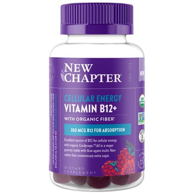 New Chapter Organic Vitamin B12+ Gummies - 44% Less Sugar, USDA Organic Vegan B12, Two Daily Gummies for Cellular Energy Support with Cordyceps, Non-GMO, Gluten Free, Raspberry Flavored, 60ct