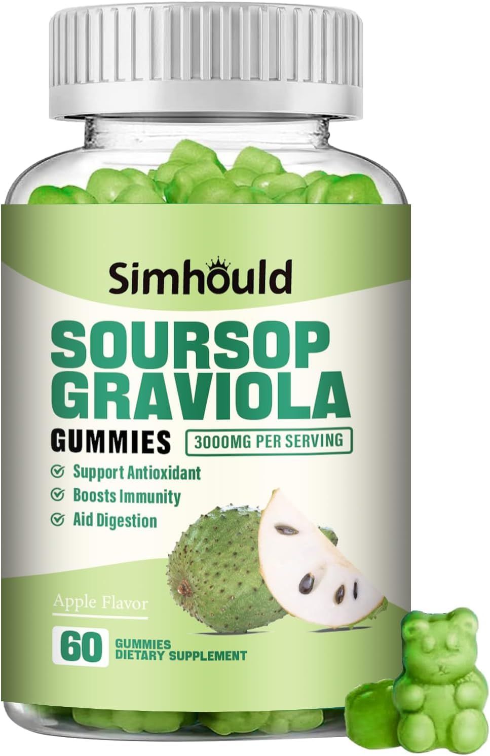 1 Pack Soursop Graviola Gummies - 3000mg Extra Strength Soursop Leaves Supplement with Vitamin C, Zinc - Digestive Aid, Immune Support &amp; Antioxidant - Sugar-Free, Non-GMO, Vegan, 60 Counts