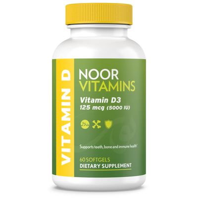 Noor Vitamins Halal Vitamin D, Halal Vitamin D3, 5000 IU Softgels, Supports Bone, Immune &amp; Heart Health, from Safflower Oil to Maximize Absorption, Non-GMO, Gluten Free &amp; Halal (60 Count)