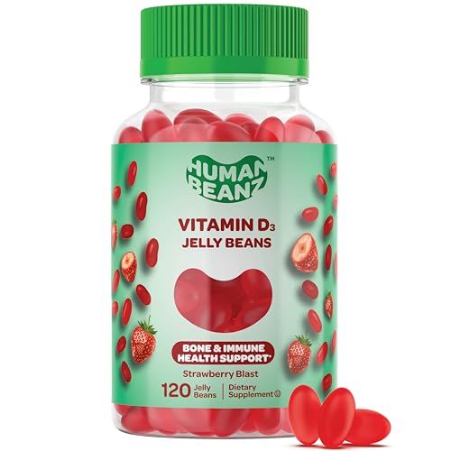 Human Beanz Vitamin D3 Jelly Bean Gummies for Adults, Immunity Support, 2000 IU Vitamin D, Nutritional Vegetarian Supplements, 120 Strawberry Blast Jelly Beans, Kosher