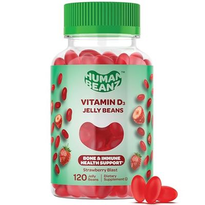 Human Beanz Vitamin D3 Jelly Bean Gummies for Adults, Immunity Support, 2000 IU Vitamin D, Nutritional Vegetarian Supplements, 120 Strawberry Blast Jelly Beans, Kosher