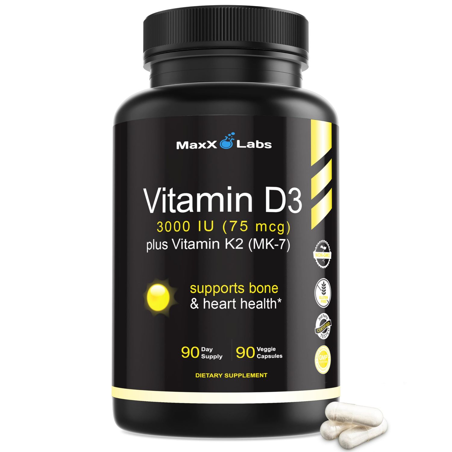 Vitamin D3 K2 3000 IU - with Vitamin K as MK-7 from Natto - High Potency Vitamin D Supplement Support Healthy Bones, Teeth, Heart &amp; Immune Function - Vitamin D3 K2 Supplement Gluten-Free - 90 Capsules