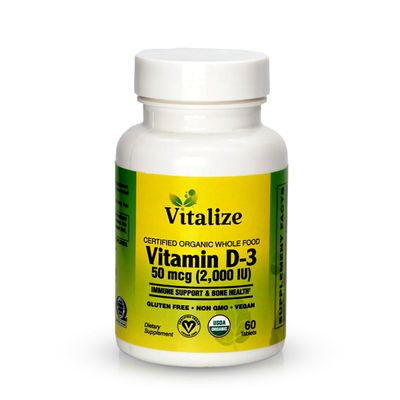 Vitalize - Organic Whole Food VIT D-3 | Immune Support Supplement | Vitamin D3 | Supports Bone and Overall Health | Gluten Free | Non GMO | Vegan | Each Bottle Contain 60 Tablets | 50 mcg | 2,000 IU