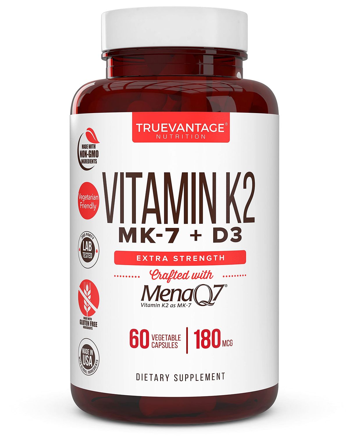 Vitamin K2 D3 Supplement 5000 IU D3 and 180 mcg Vitamin k2 MK7 Supplement for Healthy Bones, Healthy Heart &amp; Cardiovascular Health-60 Easy to Swallow Vegetable caps of MenaQ7 K2 MK7