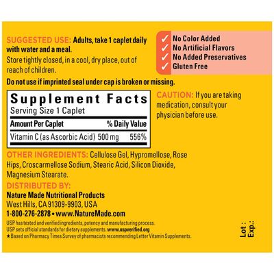 Vitamin C 500 mg Caplets with Rose Hips, 130 Count