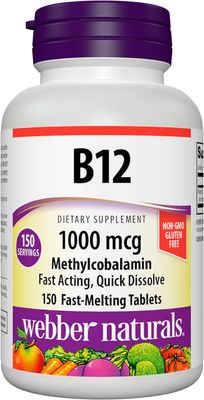 Webber Naturals Vitamin B12 1,000 mcg, 150 Fast-Melting Tablets, Supports Energy Production and Metabolism, Gluten Free, Non-GMO, Vegetarians