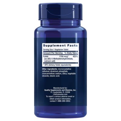Life Extension Optimized Folate - L-methylfolate - Heart &amp; Brain Support, Healthy Homocysteine Levels - Non-GMO, Gluten-Free, Vegetarian - 1700 mcg DFE, 100 Vegetarian Tablets