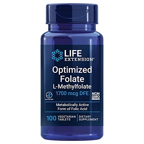 Life Extension Optimized Folate - L-methylfolate - Heart &amp; Brain Support, Healthy Homocysteine Levels - Non-GMO, Gluten-Free, Vegetarian - 1700 mcg DFE, 100 Vegetarian Tablets