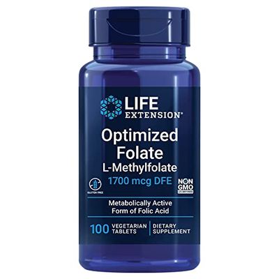 Life Extension Optimized Folate - L-methylfolate - Heart &amp; Brain Support, Healthy Homocysteine Levels - Non-GMO, Gluten-Free, Vegetarian - 1700 mcg DFE, 100 Vegetarian Tablets